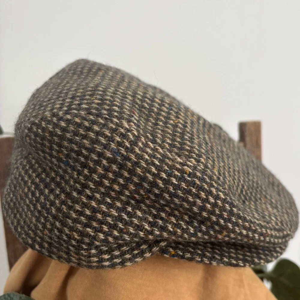 VINTAGE HARRIS TWEED 100% WOOL NEWSBOY FLAT CAP MADE IN SCOTLAND JAND WOVEN - Picture 3 of 12